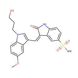 COc1ccc2c(c1)c(/C=C1\C(=O)Nc3ccc(S(N)(=O)=O)cc31)cn2CCCO ZINC000013538967