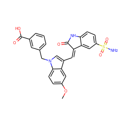 COc1ccc2c(c1)c(/C=C1\C(=O)Nc3ccc(S(N)(=O)=O)cc31)cn2Cc1cccc(C(=O)O)c1 ZINC000013538964