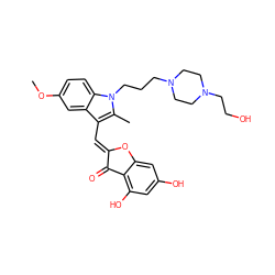 COc1ccc2c(c1)c(/C=C1\Oc3cc(O)cc(O)c3C1=O)c(C)n2CCCN1CCN(CCO)CC1 ZINC000049070681