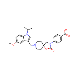 COc1ccc2c(c1)c(CN1CCC3(CC1)CN(c1ccc(C(=O)O)cc1)C(=O)O3)cn2C(C)C ZINC000114358588