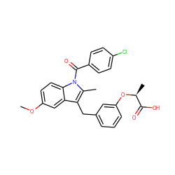 COc1ccc2c(c1)c(Cc1cccc(O[C@@H](C)C(=O)O)c1)c(C)n2C(=O)c1ccc(Cl)cc1 ZINC000028133569