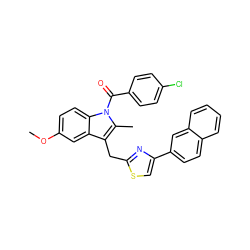 COc1ccc2c(c1)c(Cc1nc(-c3ccc4ccccc4c3)cs1)c(C)n2C(=O)c1ccc(Cl)cc1 ZINC000028760751