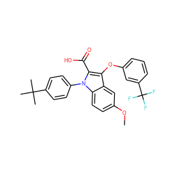 COc1ccc2c(c1)c(Oc1cccc(C(F)(F)F)c1)c(C(=O)O)n2-c1ccc(C(C)(C)C)cc1 ZINC000028527478