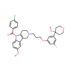 COc1ccc2c(c1)c1c(n2C(=O)c2ccc(Cl)cc2)CCN(CCCOc2cc(F)cc(C3(OC)CCOCC3)c2)C1 ZINC000052955945