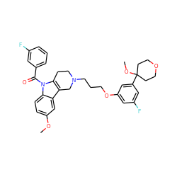 COc1ccc2c(c1)c1c(n2C(=O)c2cccc(F)c2)CCN(CCCOc2cc(F)cc(C3(OC)CCOCC3)c2)C1 ZINC000049803238