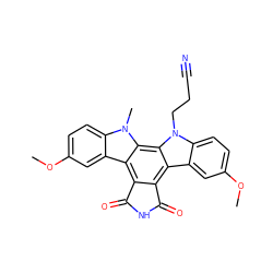 COc1ccc2c(c1)c1c3c(c4c5cc(OC)ccc5n(CCC#N)c4c1n2C)C(=O)NC3=O ZINC000014944034