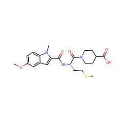 COc1ccc2c(c1)cc(C(=O)N[C@@H](CCSC)C(=O)N1CCC(C(=O)O)CC1)n2C ZINC000009187861