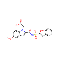 COc1ccc2c(c1)cc(C(=O)NS(=O)(=O)c1cc3ccccc3o1)n2CC(=O)O ZINC000058633687