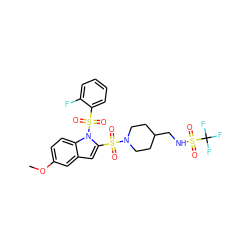 COc1ccc2c(c1)cc(S(=O)(=O)N1CCC(CNS(=O)(=O)C(F)(F)F)CC1)n2S(=O)(=O)c1ccccc1F ZINC000064528042