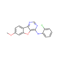 COc1ccc2c(c1)oc1c(Nc3ccccc3Cl)ncnc12 ZINC000095594163