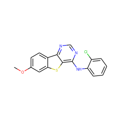 COc1ccc2c(c1)sc1c(Nc3ccccc3Cl)ncnc12 ZINC000095597215