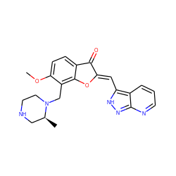 COc1ccc2c(c1CN1CCNC[C@@H]1C)O/C(=C\c1[nH]nc3ncccc13)C2=O ZINC000653766924