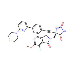 COc1ccc2c(c1F)C(=O)N(C[C@@]1(C#Cc3ccc(-c4cccc(N5CCSCC5)n4)cc3)NC(=O)NC1=O)C2 ZINC000143452324