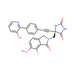 COc1ccc2c(c1F)C(=O)N(C[C@@]1(C#Cc3ccc(-c4ncccc4O)cc3)NC(=O)NC1=O)C2 ZINC000143506896