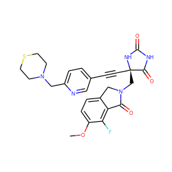 COc1ccc2c(c1F)C(=O)N(C[C@@]1(C#Cc3ccc(CN4CCSCC4)nc3)NC(=O)NC1=O)C2 ZINC000143275556