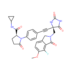 COc1ccc2c(c1F)C(=O)N(C[C@@]1(C#Cc3ccc(N4C(=O)CC[C@H]4C(=O)NC4CC4)cc3)NC(=O)NC1=O)C2 ZINC000096173627