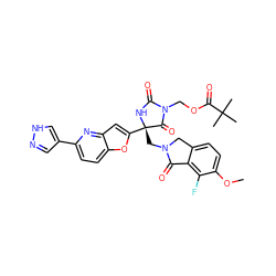 COc1ccc2c(c1F)C(=O)N(C[C@@]1(c3cc4nc(-c5cn[nH]c5)ccc4o3)NC(=O)N(COC(=O)C(C)(C)C)C1=O)C2 ZINC000148750961