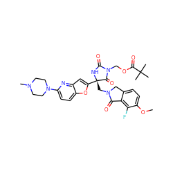 COc1ccc2c(c1F)C(=O)N(C[C@@]1(c3cc4nc(N5CCN(C)CC5)ccc4o3)NC(=O)N(COC(=O)C(C)(C)C)C1=O)C2 ZINC000141899996