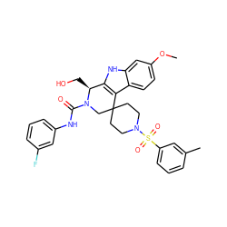 COc1ccc2c3c([nH]c2c1)[C@H](CO)N(C(=O)Nc1cccc(F)c1)CC31CCN(S(=O)(=O)c2cccc(C)c2)CC1 ZINC000095604534