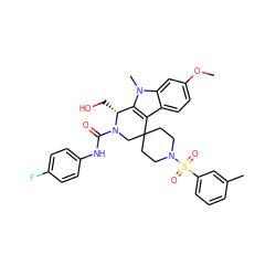 COc1ccc2c3c(n(C)c2c1)[C@@H](CO)N(C(=O)Nc1ccc(F)cc1)CC31CCN(S(=O)(=O)c2cccc(C)c2)CC1 ZINC000095599519