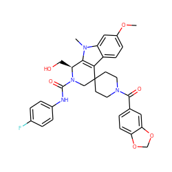 COc1ccc2c3c(n(C)c2c1)[C@H](CO)N(C(=O)Nc1ccc(F)cc1)CC31CCN(C(=O)c2ccc3c(c2)OCO3)CC1 ZINC000095603716