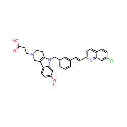 COc1ccc2c3c(n(Cc4cccc(/C=C/c5ccc6ccc(Cl)cc6n5)c4)c2c1)CCN(CCC(=O)O)C3 ZINC000043071713