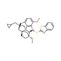 COc1ccc2c3c1O[C@@H]1[C@]34CCN(CC3CC3)[C@H](C2)[C@]42CC[C@@]1(OC)[C@@H](CSc1nc3ccccc3s1)C2 ZINC000148712803