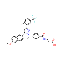 COc1ccc2cc(-c3cc(-c4cc(C(F)(F)F)ccc4C)nn3[C@@H](C)c3ccc(C(=O)NCCC(=O)O)cc3)ccc2c1 ZINC000095117924