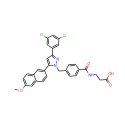 COc1ccc2cc(-c3cc(-c4cc(Cl)cc(Cl)c4)nn3Cc3ccc(C(=O)NCCC(=O)O)cc3)ccc2c1 ZINC000095093518