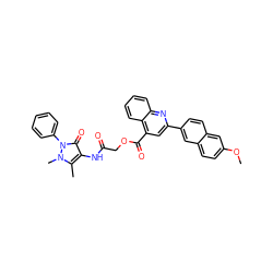 COc1ccc2cc(-c3cc(C(=O)OCC(=O)Nc4c(C)n(C)n(-c5ccccc5)c4=O)c4ccccc4n3)ccc2c1 ZINC000003237124