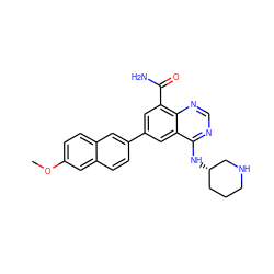 COc1ccc2cc(-c3cc(C(N)=O)c4ncnc(N[C@H]5CCCNC5)c4c3)ccc2c1 ZINC000114342667