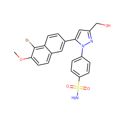 COc1ccc2cc(-c3cc(CO)nn3-c3ccc(S(N)(=O)=O)cc3)ccc2c1Br ZINC000095587812