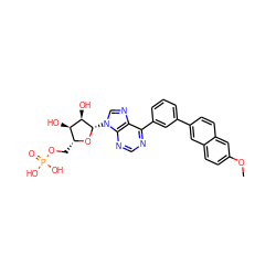 COc1ccc2cc(-c3cccc(-c4ncnc5c4ncn5[C@@H]4O[C@H](COP(=O)(O)O)[C@@H](O)[C@H]4O)c3)ccc2c1 ZINC000299824699