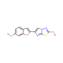 COc1ccc2cc(-c3cn4nc(OC)sc4n3)oc2c1 ZINC000653768324