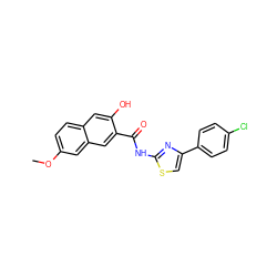 COc1ccc2cc(O)c(C(=O)Nc3nc(-c4ccc(Cl)cc4)cs3)cc2c1 ZINC000006484989