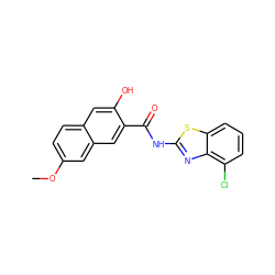 COc1ccc2cc(O)c(C(=O)Nc3nc4c(Cl)cccc4s3)cc2c1 ZINC000000588024