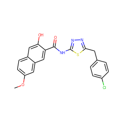 COc1ccc2cc(O)c(C(=O)Nc3nnc(Cc4ccc(Cl)cc4)s3)cc2c1 ZINC000026172436