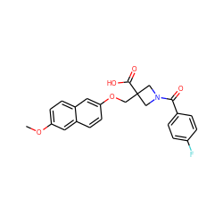 COc1ccc2cc(OCC3(C(=O)O)CN(C(=O)c4ccc(F)cc4)C3)ccc2c1 ZINC000095644391