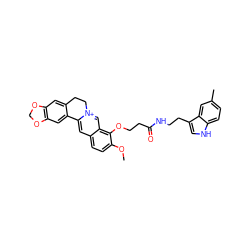 COc1ccc2cc3[n+](cc2c1OCCC(=O)NCCc1c[nH]c2ccc(C)cc12)CCc1cc2c(cc1-3)OCO2 ZINC000073259134