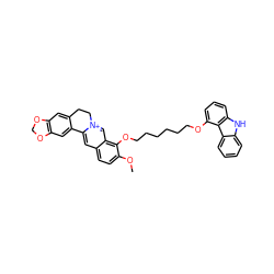 COc1ccc2cc3[n+](cc2c1OCCCCCCOc1cccc2[nH]c4ccccc4c12)CCc1cc2c(cc1-3)OCO2 ZINC000049756767