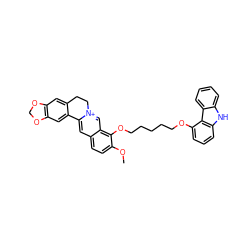 COc1ccc2cc3[n+](cc2c1OCCCCCOc1cccc2[nH]c4ccccc4c12)CCc1cc2c(cc1-3)OCO2 ZINC000049756479