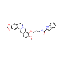 COc1ccc2cc3[n+](cc2c1OCCCNC(=O)c1cc2ccccc2[nH]1)CCc1cc2c(cc1-3)OCO2 ZINC000084617403