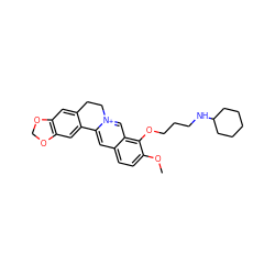 COc1ccc2cc3[n+](cc2c1OCCCNC1CCCCC1)CCc1cc2c(cc1-3)OCO2 ZINC000064528101