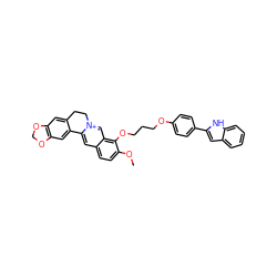 COc1ccc2cc3[n+](cc2c1OCCCOc1ccc(-c2cc4ccccc4[nH]2)cc1)CCc1cc2c(cc1-3)OCO2 ZINC000084619775