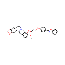 COc1ccc2cc3[n+](cc2c1OCCCOc1ccc(-c2nc4ccccc4o2)cc1)CCc1cc2c(cc1-3)OCO2 ZINC000084617789