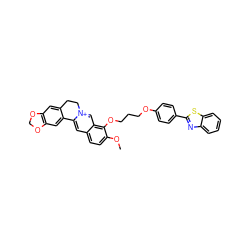 COc1ccc2cc3[n+](cc2c1OCCCOc1ccc(-c2nc4ccccc4s2)cc1)CCc1cc2c(cc1-3)OCO2 ZINC000084596572