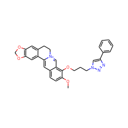 COc1ccc2cc3[n+](cc2c1OCCCn1cc(-c2ccccc2)nn1)CCc1cc2c(cc1-3)OCO2 ZINC000071294738