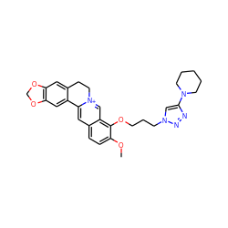 COc1ccc2cc3[n+](cc2c1OCCCn1cc(N2CCCCC2)nn1)CCc1cc2c(cc1-3)OCO2 ZINC000071295175