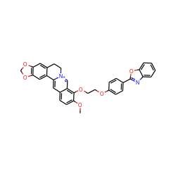 COc1ccc2cc3[n+](cc2c1OCCOc1ccc(-c2nc4ccccc4o2)cc1)CCc1cc2c(cc1-3)OCO2 ZINC000084617659