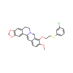 COc1ccc2cc3[n+](cc2c1OCCSc1cccc(Cl)c1)CCc1cc2c(cc1-3)OCO2 ZINC000096283245